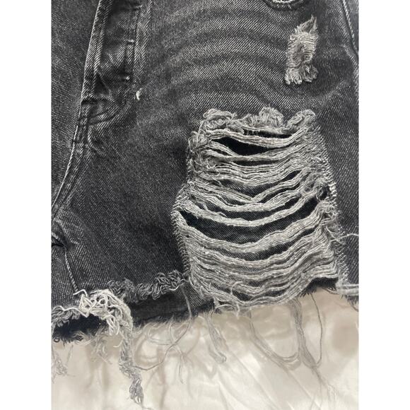 Pac Sun High Rise Icon Short Hyper Distressed Shorts 26 Button Fly Black Vintage - Picture 3 of 7